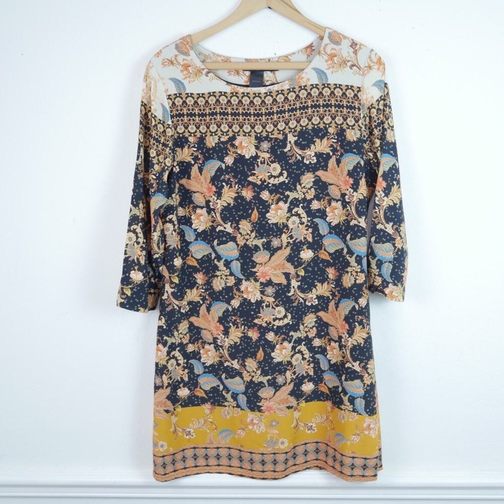 Desigual Paula Shift Dress Size 40 3/4 Sleeve Paisley Multicolor Artsy Boho